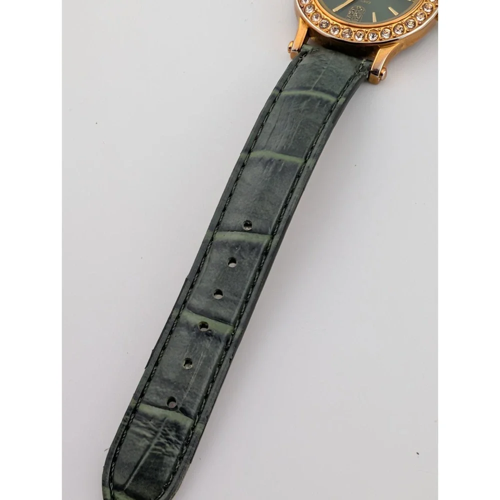 QBOS Limited Edition Watch Gold Case Olive Green Leather Band- New‎ Battery